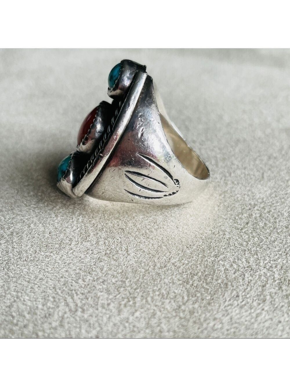 Native American Turquoise And Coral Sterling Silver Old Pawn Men’s HUGE … - Picture 8 of 8